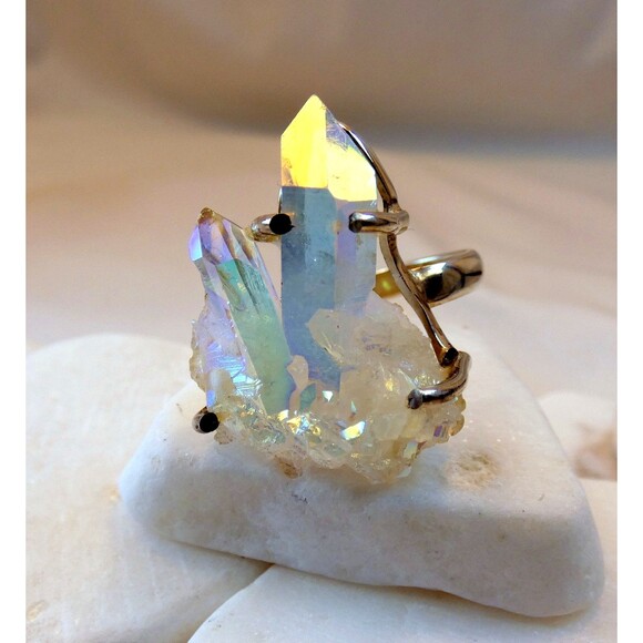 Angel Aura Druzy Quartz Cluster Sterling Silver Ring Sz  8  OOAK Handmade - Picture 4 of 9